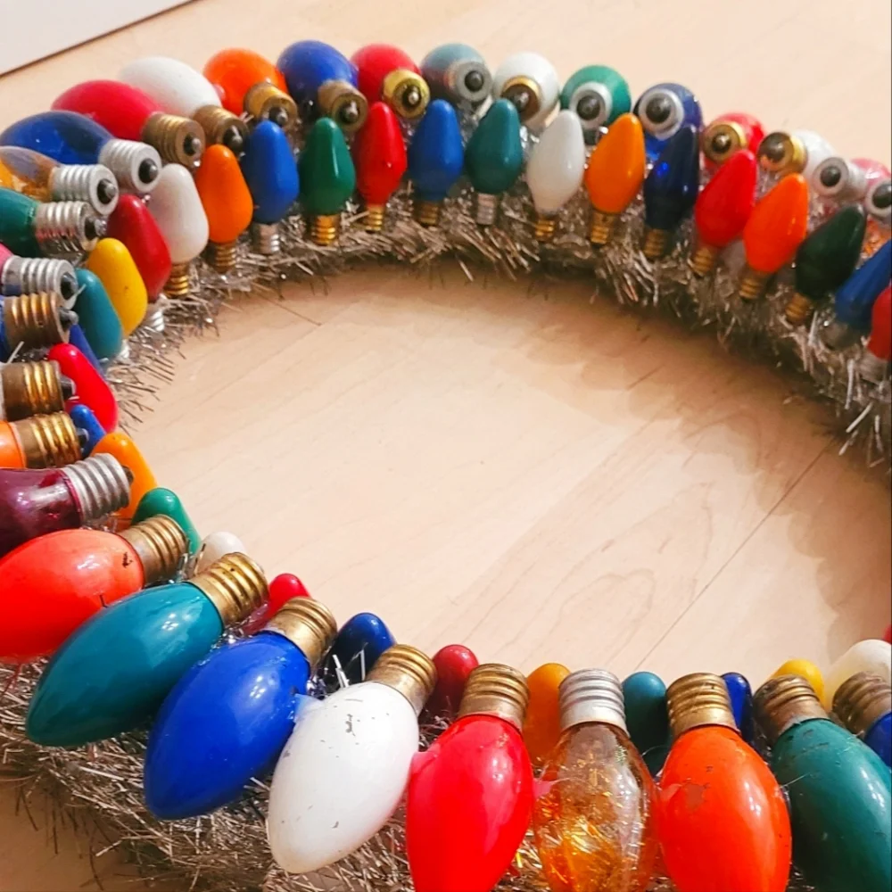 Handmade vintage tinsel and lightbulb Christmas wreath